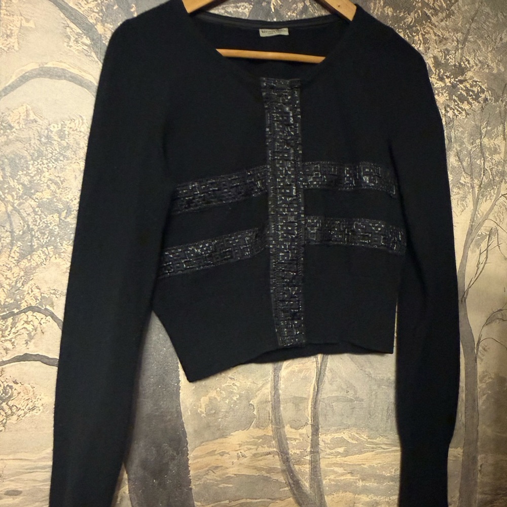 Vintage Bottega Veneta Cashmere Black Cropped Knit Jacket with Embellished Trim